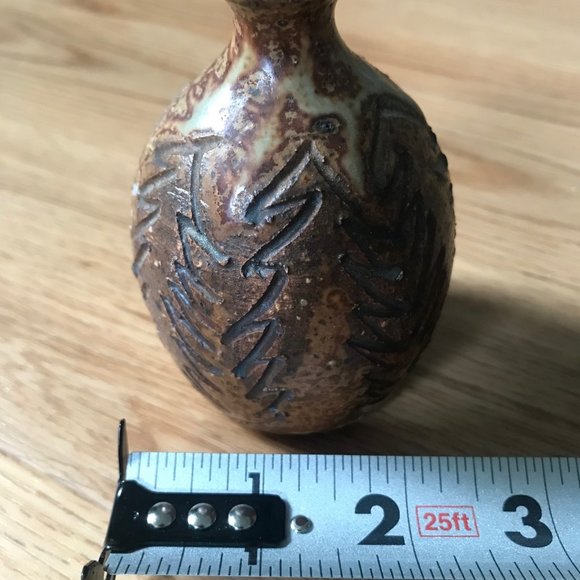 Signed Ceramic Bud Vase with Tree Carvings - Handcrafted Art Decor - Picture 4 of 5